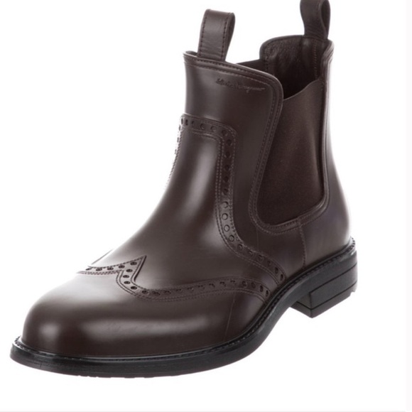 Salvatore Ferragamo Wingtip Rain Boot Boston Chelsea Brown Rubber Men's Size 10 - Picture 1 of 14